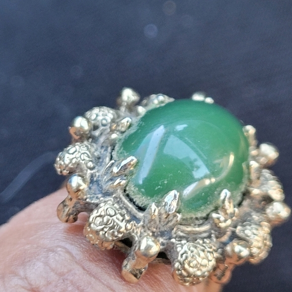 Antique Vintage Jade Cabochon 18K Yellow Gold Ring Size 6 18k HGE HMS - Picture 3 of 11